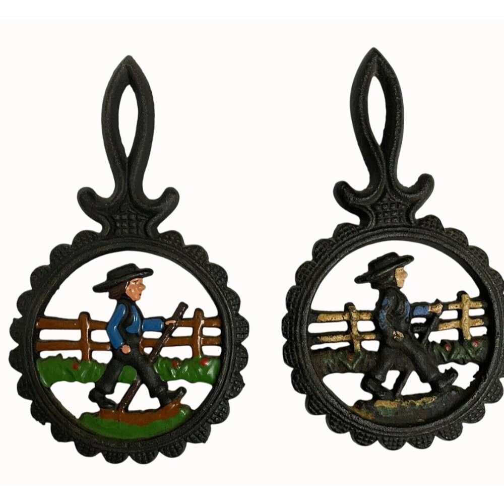 Vintage 1980's Small 2 Hand Painted Quaker Man Amish Cast‎ Iron Trivets